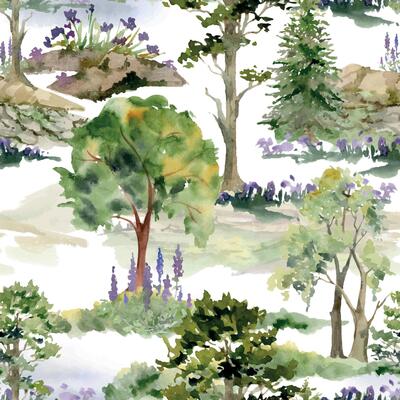 Scenery landscape of forest meadow grassland with bushes flowers, trees alpine vista rocks stones hand drawn in watercolor. Seamless pattern for tourism, resort ads, hiking camping sites, vacation.