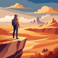 A backpacker standing on the edge of a cliff, looking out over an endless desert as a sandstorm approaches vector