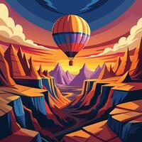 A hot air balloon floating over a scenic canyon with vibrant, layered rock formations and a glowing sky vector
