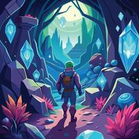 A futuristic adventurer exploring a hidden cave vector