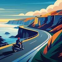A motorcyclist speeding along a winding coastal road, with the ocean on one side and cliffs on the other vector