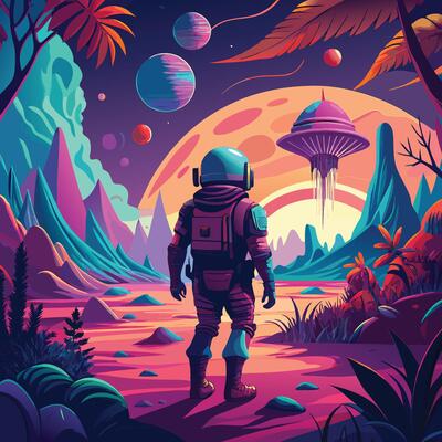 An astronaut walking across a distant, alien planet with unfamiliar landscapes and glowing, neon plants