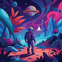 An astronaut walking across a distant, alien planet vector
