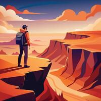 A backpacker standing on the edge of a cliff vector
