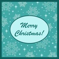 Merry Christmas card, oval frame with snowflake on turquoise background vector