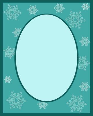 Winter card, oval frame with snowflake on turquoise background
