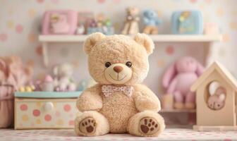 Fluffy bear sitting upright, polka dot sheets, toy shelf in background photo