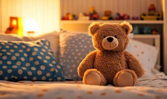 Brown plush bear sitting upright on bed, polka dot pillows, toy shelf in background photo