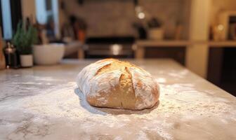 Artisan bread on a floured table, rustic feel photo