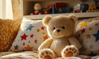 Fluffy bear surrounded by pillows, star-patterned bedding photo