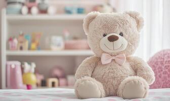 Fluffy bear sitting upright, polka dot sheets, toy shelf in background photo