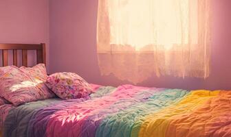 Bright bedroom with light through the window and colored blanked photo