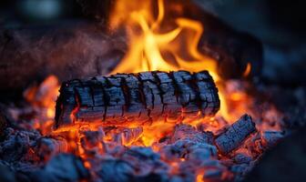 A brightly burning log closeup, flames flickering, glowing ash photo