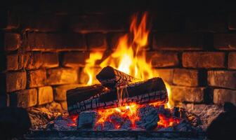 A burning log in a stone fireplace, bright flames flickering photo
