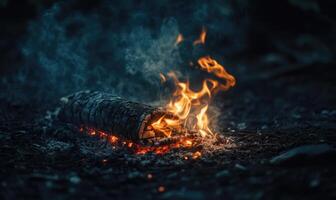 A single burning log surrounded by embers photo