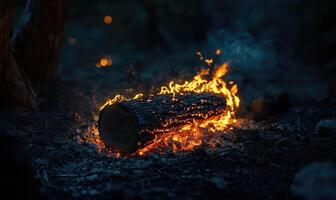 A log resting in a crackling campfire, flames dancing photo