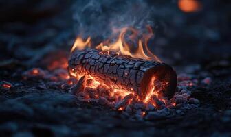 A single burning log surrounded by embers photo
