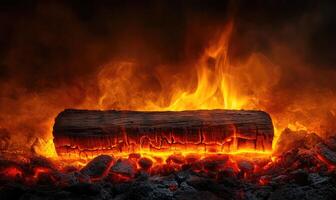 A log resting in a crackling campfire, flames dancing photo