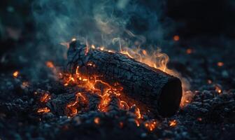 A single burning log surrounded by embers photo