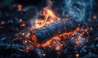 A single burning log surrounded by embers photo