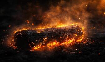 A log resting in a crackling campfire, flames dancing photo