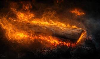 A log resting in a crackling campfire, flames dancing photo