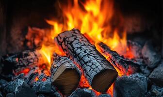 A single burning log resting in a stone fireplace photo