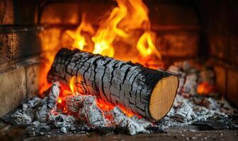A single burning log in a rustic hearth, flames crackling photo