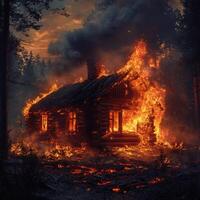 A small cabin engulfed in flames, the wooden walls blackened and cracking photo