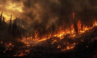 A forest fire sweeping through a dry landscape, flames consuming the trees and vegetation photo