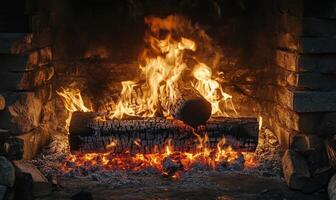 A burning log in a stone fireplace, bright flames flickering photo