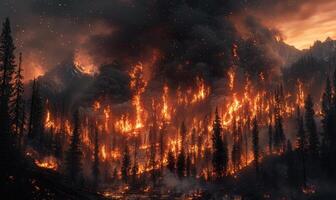A forest fire blazing through a mountainous region, flames climbing high into the trees photo