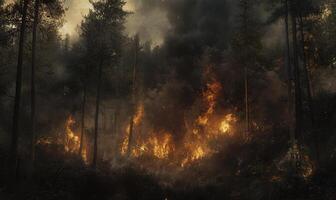 A forest fire sweeping through a dense forest, the underbrush ablaze photo