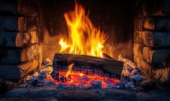 A single burning log resting in a stone fireplace photo