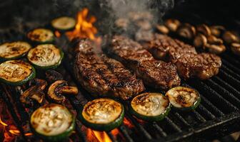 Close-up of juicy steak and mushrooms roasting over bright photo