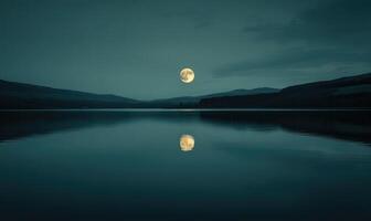 Bright full moon reflected in a still lake, distant hills barely visible in the darkness photo