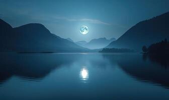 Bright full moon reflected in a still lake, distant hills barely visible in the darkness photo