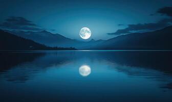 Bright full moon reflected in a still lake, distant hills barely visible in the darkness photo