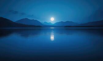 Bright full moon reflected in a still lake, distant hills barely visible in the darkness photo