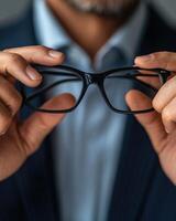 Close-up of male hands adjusting glasses photo