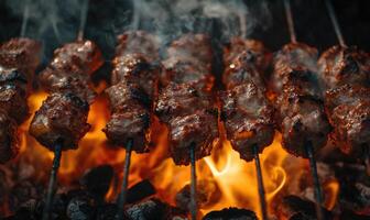 Close-up of grilled shashlik skewers, golden-brown and juicy meat sizzling over hot coals photo