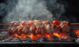 Close-up of perfectly grilled meat, caramelized edges and crispy fat glistening photo