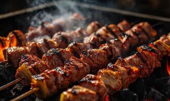 Close-up of grilled shashlik skewers, golden-brown and juicy meat sizzling over hot coals photo