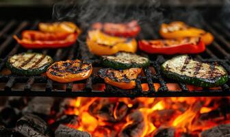 Colorful bell peppers and zucchini slices grilling over hot coals photo