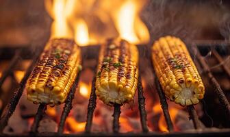 Close-up of grilled corn on the cob, kernels browning and caramelizing over glowing embers photo