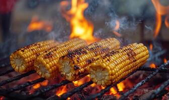 Close-up of grilled corn on the cob, kernels browning and caramelizing over glowing embers photo