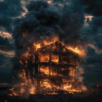 A two-story building consumed by intense flames, the wooden frame collapsing under pressure photo