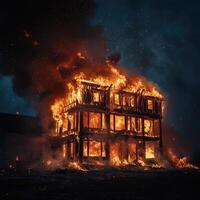 A two-story building consumed by intense flames, the wooden frame collapsing under pressure photo