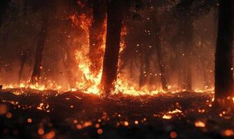 Close-up of burning trees in a forest, flames climbing up the trunks photo
