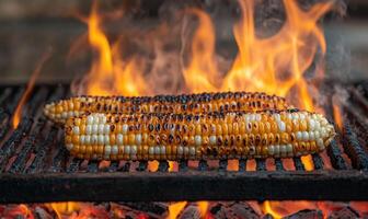 Close-up of grilled corn on the cob, kernels browning and caramelizing over glowing embers photo
